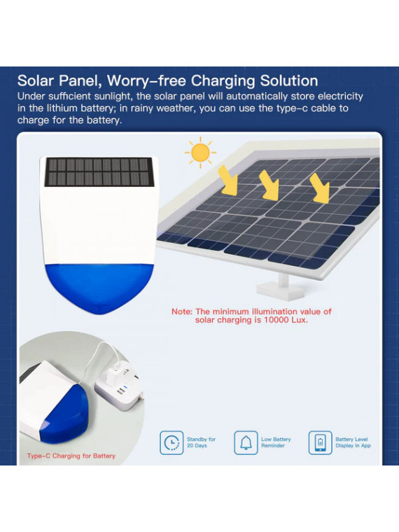 Moes "WSS-LO-SLA02-EN" - Sirène extérieure WiFi (Avec batterie et panneau solaire) - Compatible Tuya Smart Life
