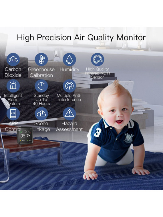 Moes "WSS-FB-CO2-U-MS" - Capteur WiFi 3 en 1 avec écran - Dioxyde de carbone (CO2) + Température + Humidité - Compatible Tuya
