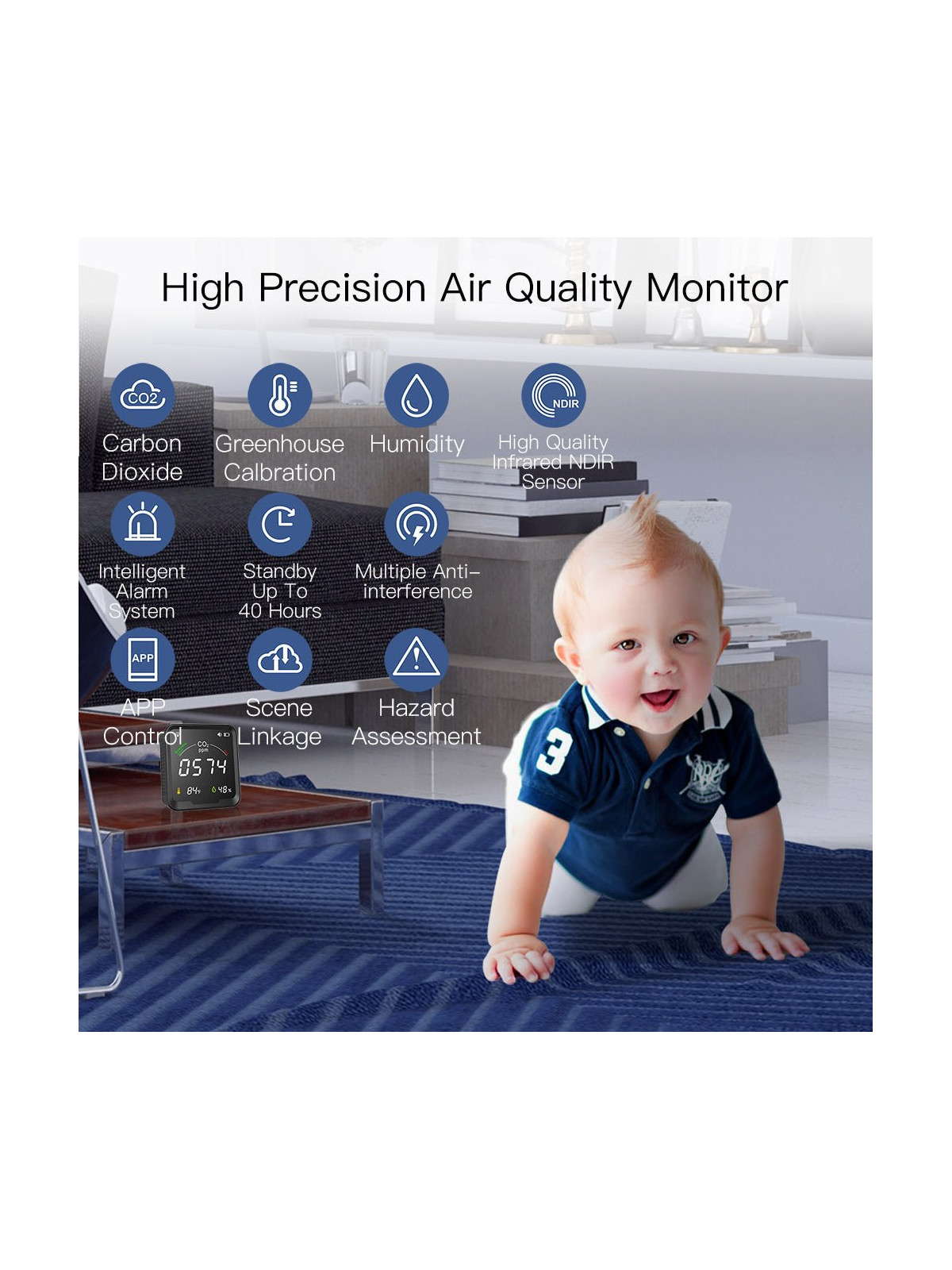 Moes "WSS-FB-CO2-U-MS" - Capteur WiFi 3 en 1 avec écran - Dioxyde de carbone (CO2) + Température + Humidité - Compatible Tuya