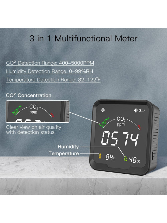 Moes "WSS-FB-CO2-U-MS" - Capteur WiFi 3 en 1 avec écran - Dioxyde de carbone (CO2) + Température + Humidité - Compatible Tuya