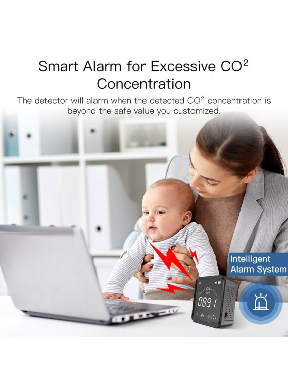 Moes "WSS-FB-CO2-U-MS" - Capteur WiFi 3 en 1 avec écran - Dioxyde de carbone (CO2) + Température + Humidité - Compatible Tuya
