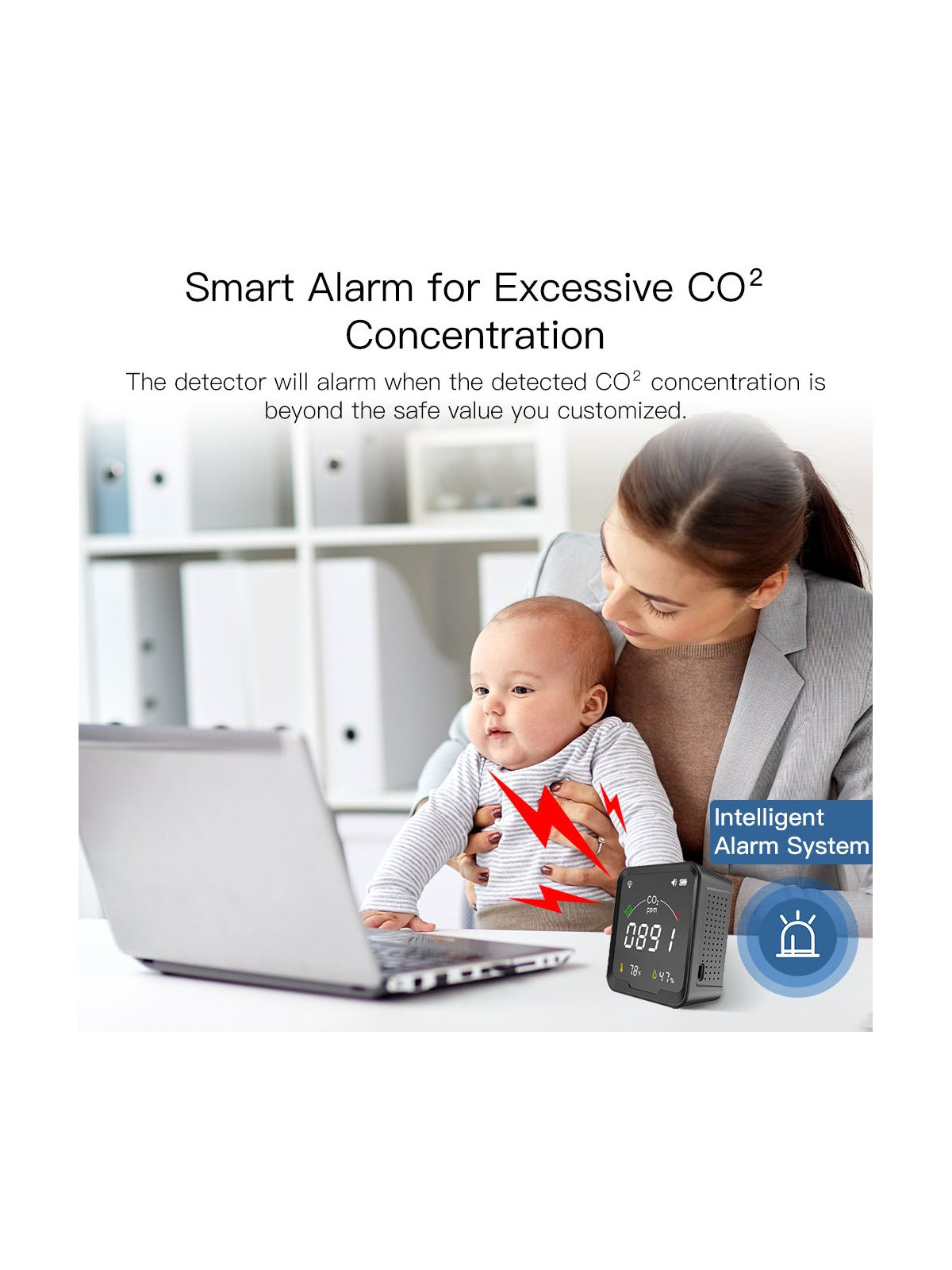 Moes "WSS-FB-CO2-U-MS" - Capteur WiFi 3 en 1 avec écran - Dioxyde de carbone (CO2) + Température + Humidité - Compatible Tuya