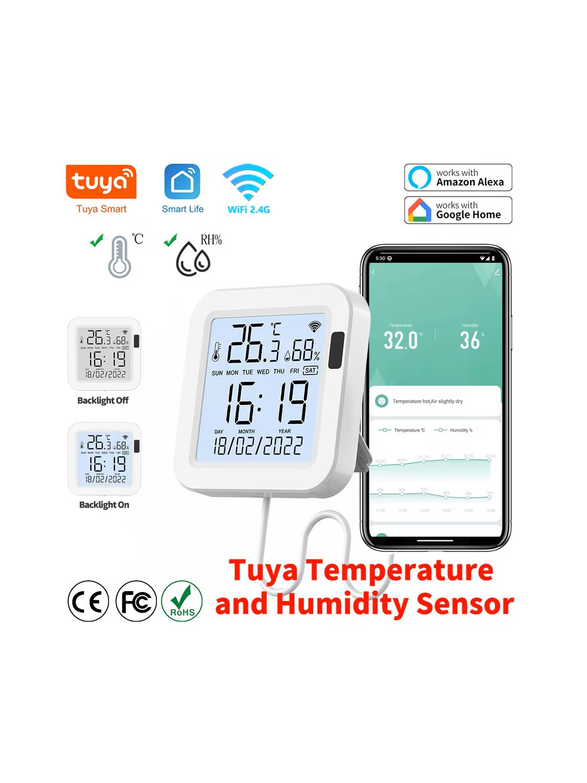 Moes "WSS-FL-TH16-WH-EN" - Capteur de température et d'humidité WiFi avec écran - Compatible Tuya Smart Life et Lidl Home