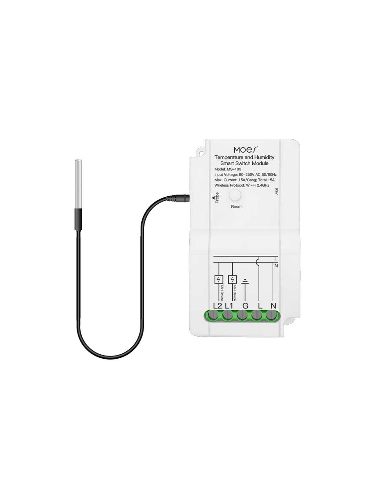 Moes "WM-103-MS" - Module WiFi contacteur deux relais + sondes filaires de température et d'humidité - Compatible Tuya