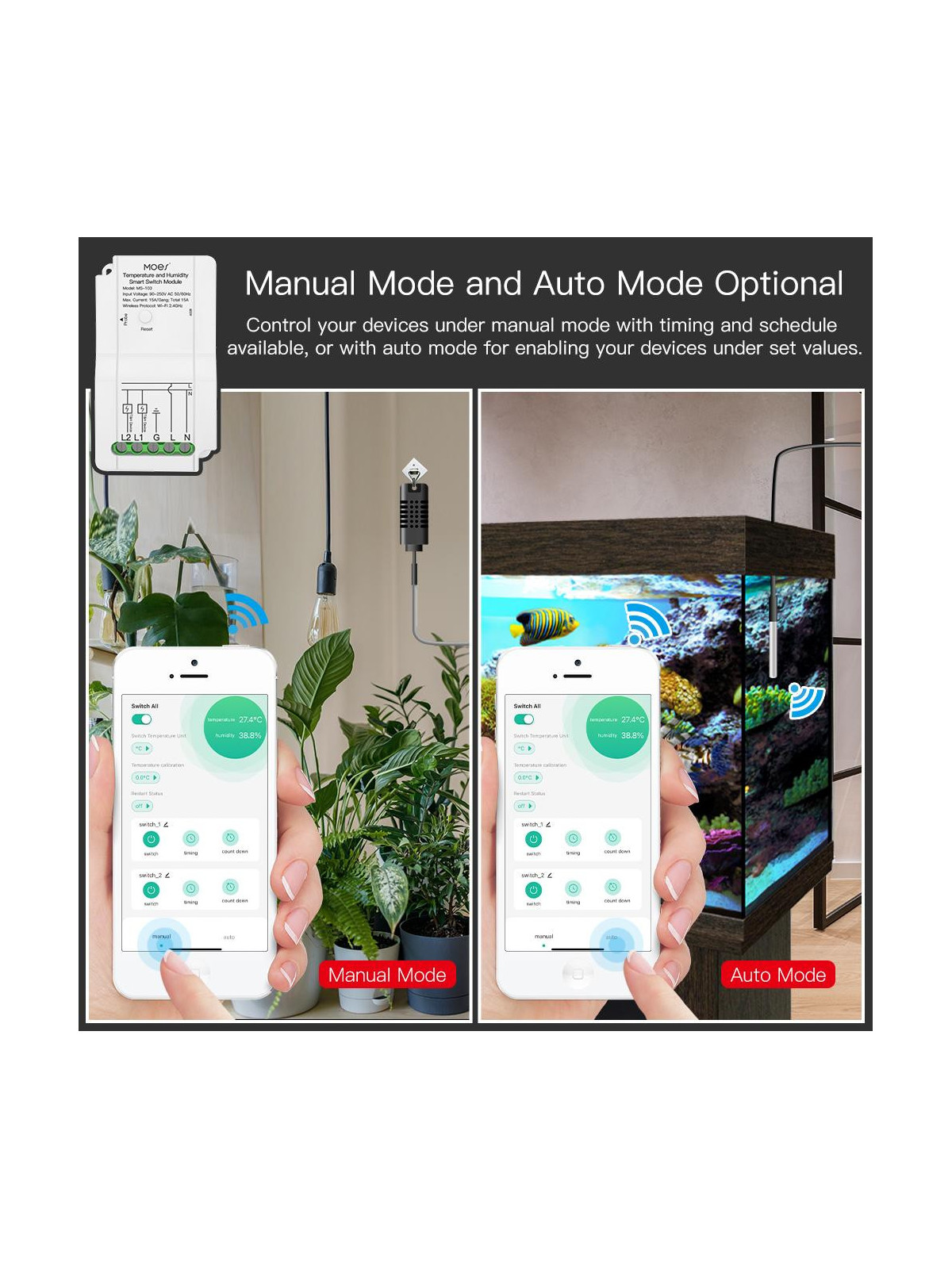 Moes "WM-103-MS" - Module WiFi contacteur deux relais + sondes filaires de température et d'humidité - Compatible Tuya