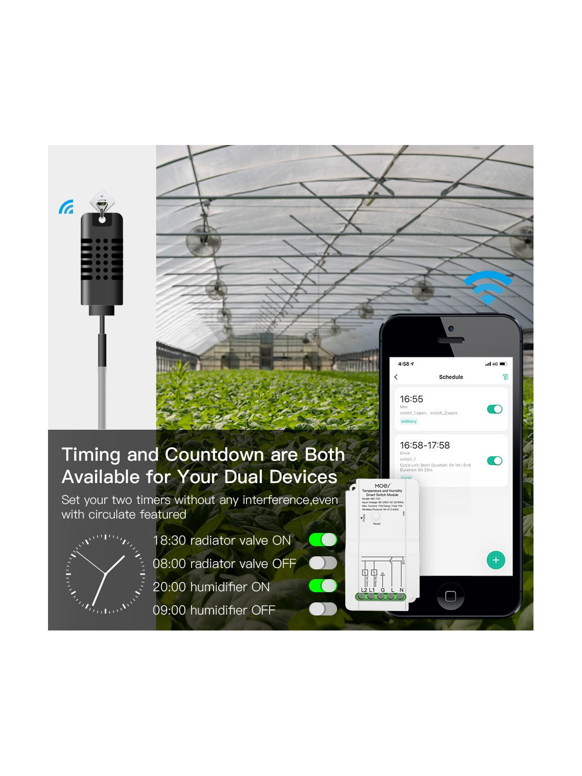 Moes "WM-103-MS" - Module WiFi contacteur deux relais + sondes filaires de température et d'humidité - Compatible Tuya