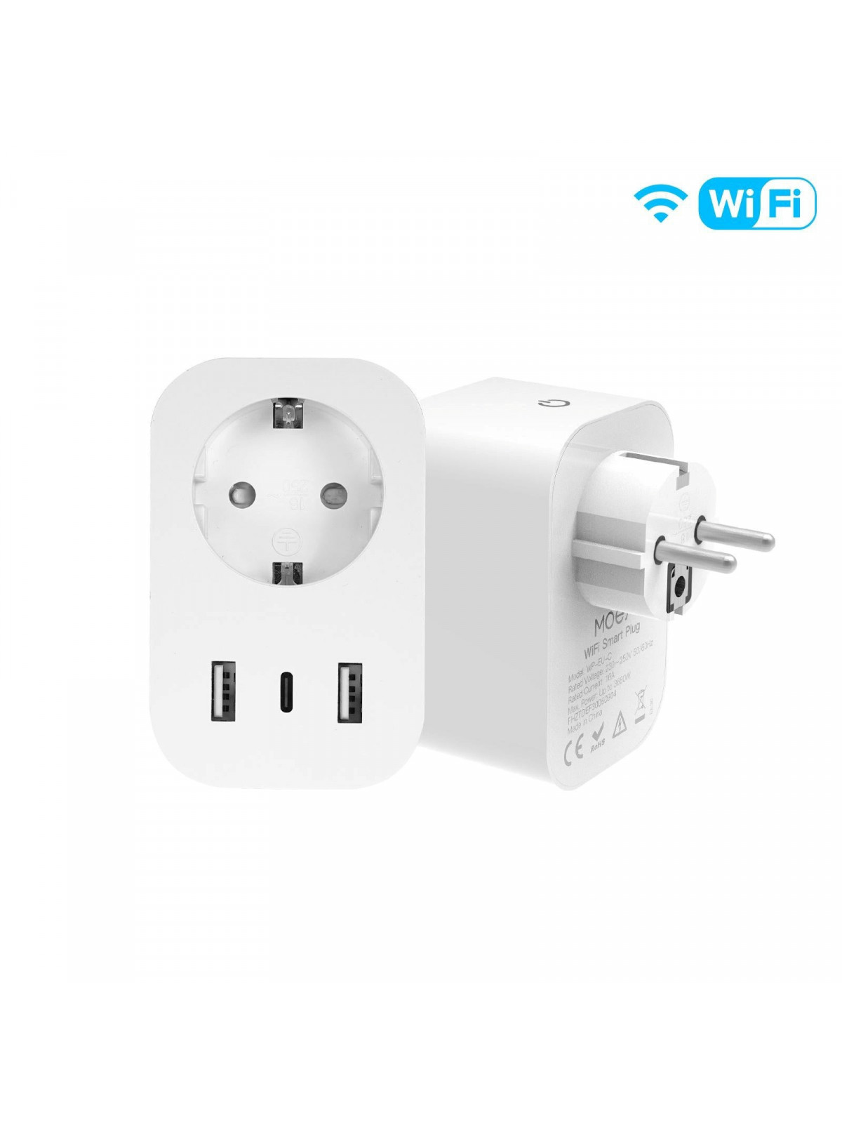 Moes "WP-EU16M-2U1C-WH-MS" - Prise WiFi 16A mesure de conso - 2x ports USB + 1x port Type-C pour charge rapide - Compatible Tuya