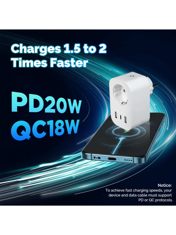 Moes "WP-EU16M-2U1C-WH-MS" - Prise WiFi 16A mesure de conso - 2x ports USB + 1x port Type-C pour charge rapide - Compatible Tuya