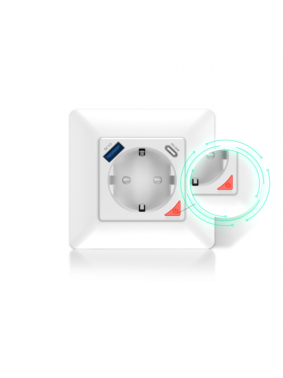 Moes "WK-Y-EU-1U1C-WH-EN" - Prise encastrée WiFi 16A - 1x ports USB + 1x port Type-C pour charge rapide - Compatible Tuya