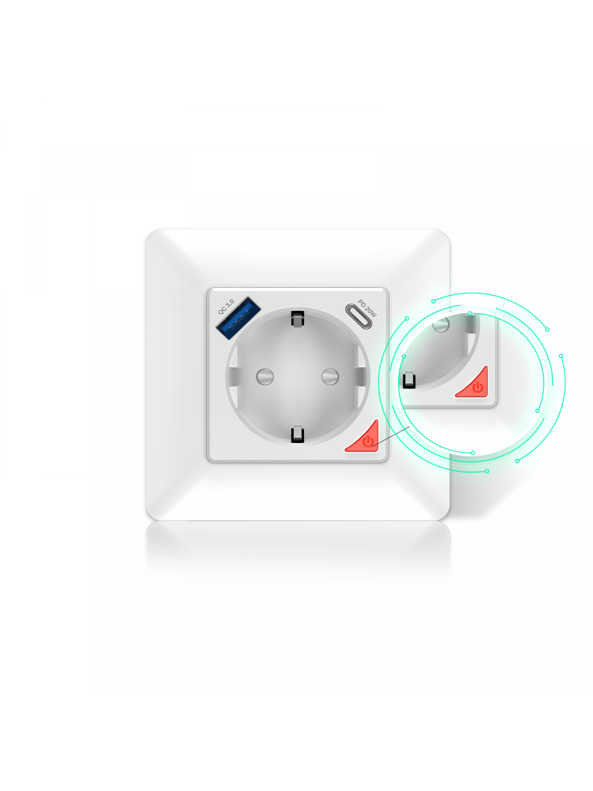 Moes "WK-Y-EU-1U1C-WH-EN" - Prise encastrée WiFi 16A - 1x ports USB + 1x port Type-C pour charge rapide - Compatible Tuya
