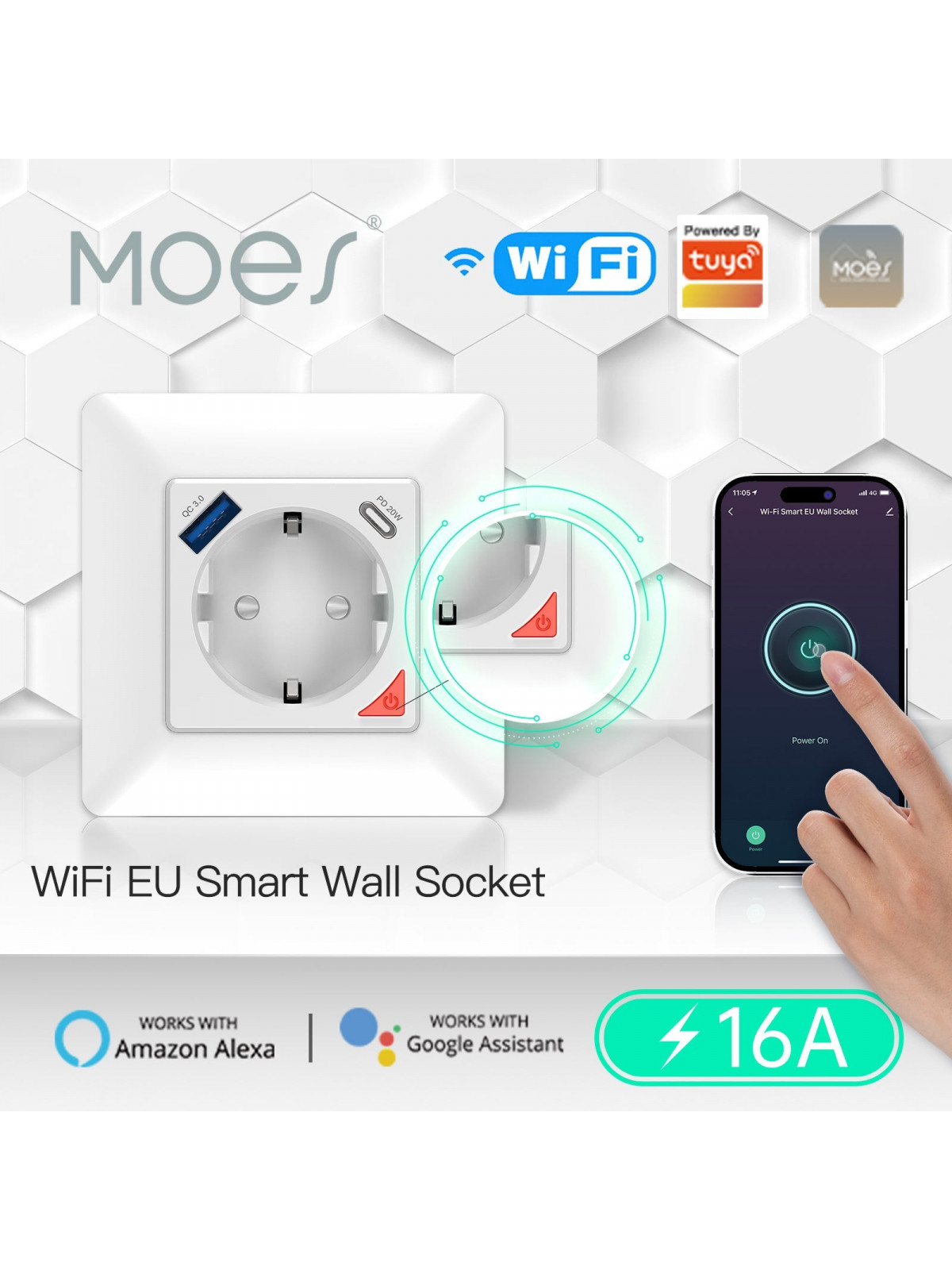 Moes "WK-Y-EU-1U1C-WH-EN" - Prise encastrée WiFi 16A - 1x ports USB + 1x port Type-C pour charge rapide - Compatible Tuya