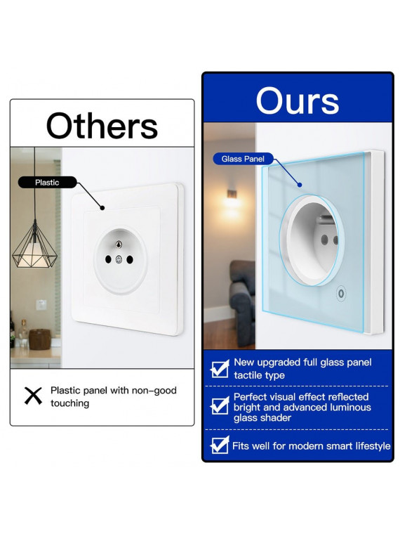 Moes "WK-FR16M-XX-MS" - Prise WiFi murale encastrée 16A connectée avec mesure de conso - Compatible Tuya, Google Home et Alexa