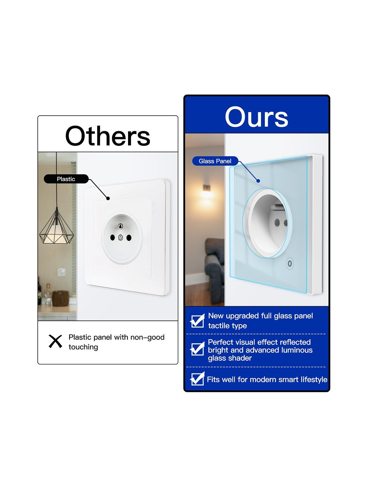 Moes "WK-FR16M-XX-MS" - Prise WiFi murale encastrée 16A connectée avec mesure de conso - Compatible Tuya, Google Home et Alexa