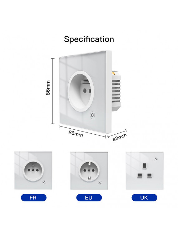 Moes "WK-FR16M-XX-MS" - Prise WiFi murale encastrée 16A connectée avec mesure de conso - Compatible Tuya, Google Home et Alexa