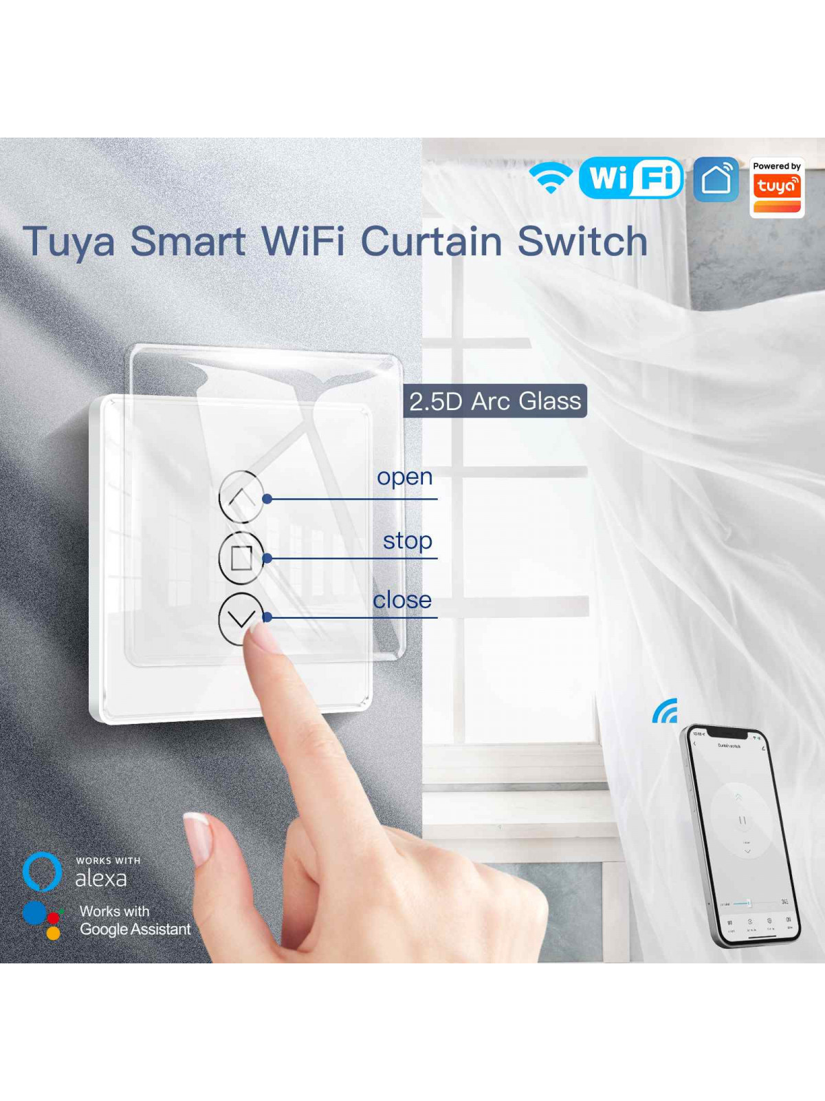 Moes "WS-V-EUC-3D-XX-MS" - Interrupteur WiFi tactile pour volet roulant - Compatible Tuya Smart Life, Google Home et Alexa