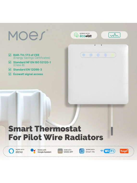 Moes "WHT-PT01-M-EN" - Thermostat WiFi programmable pour Fil Pilote + Mesure de conso - Compatible Tuya, Google et Alexa