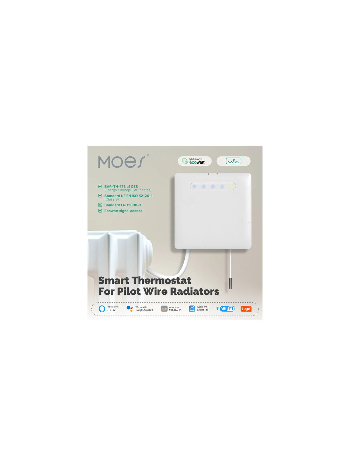 Moes "WHT-PT01-M-EN" - Thermostat WiFi programmable pour Fil Pilote + Mesure de conso - Compatible Tuya, Google et Alexa