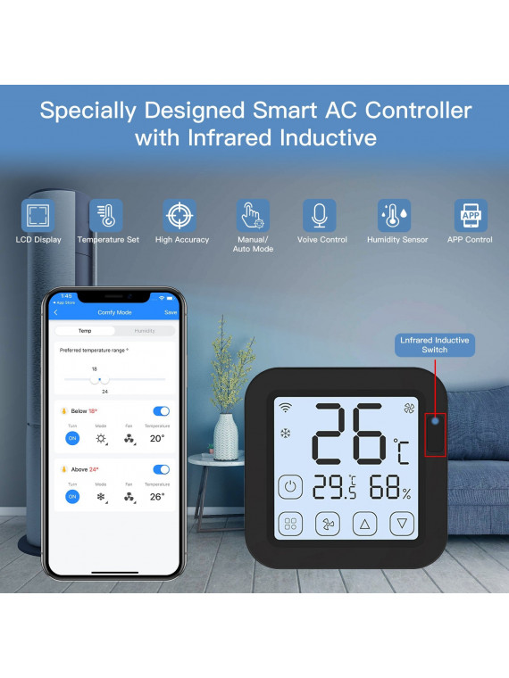 Moes "WR-FL-S16-BK-MS" - Thermostat WiFi pour climatiseur IR - Capteur de température et d'humidité avec écran - Compatible Tuya Moes "WR-FL-S16-BK-MS" - Thermostat WiFi pour climatiseur IR - Capteur de température et d'humidité avec écran - Compatible Tuya
