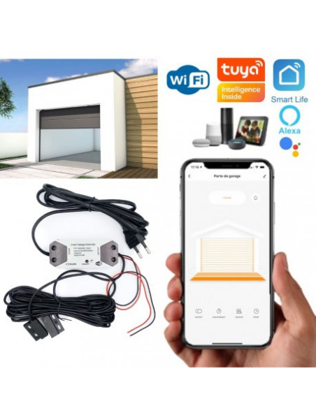 Moes "WM-102-EU-MS" - Kit de commande WiFi pour porte de garage avec capteur d'ouverture - Compatible Tuya, Alexa, Google