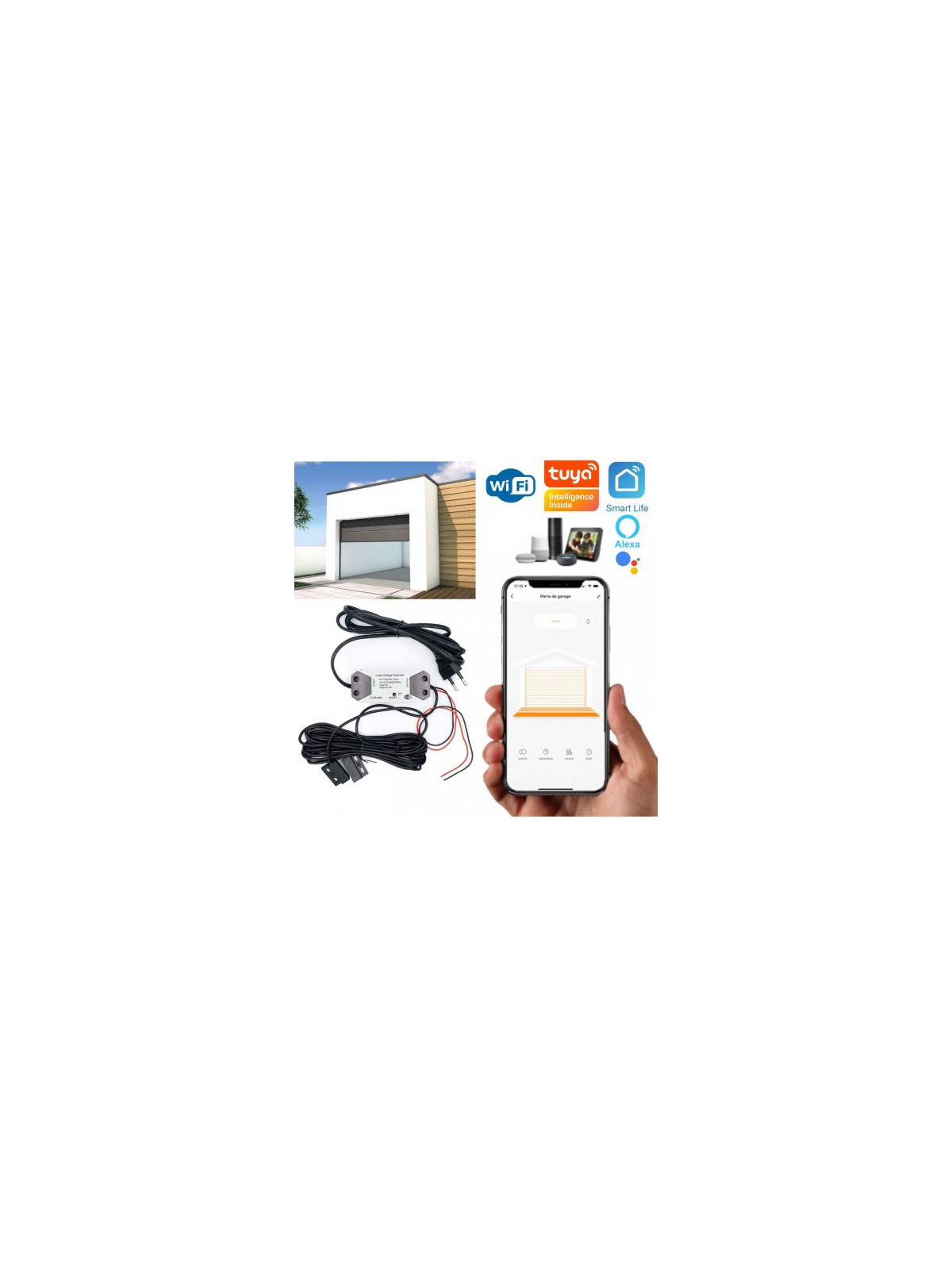 Moes "WM-102-EU-MS" - Kit de commande WiFi pour porte de garage avec capteur d'ouverture - Compatible Tuya, Alexa, Google