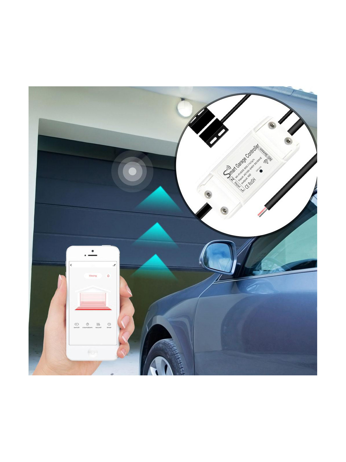 Moes "WM-102-EU-MS" - Kit de commande WiFi pour porte de garage avec capteur d'ouverture - Compatible Tuya, Alexa, Google