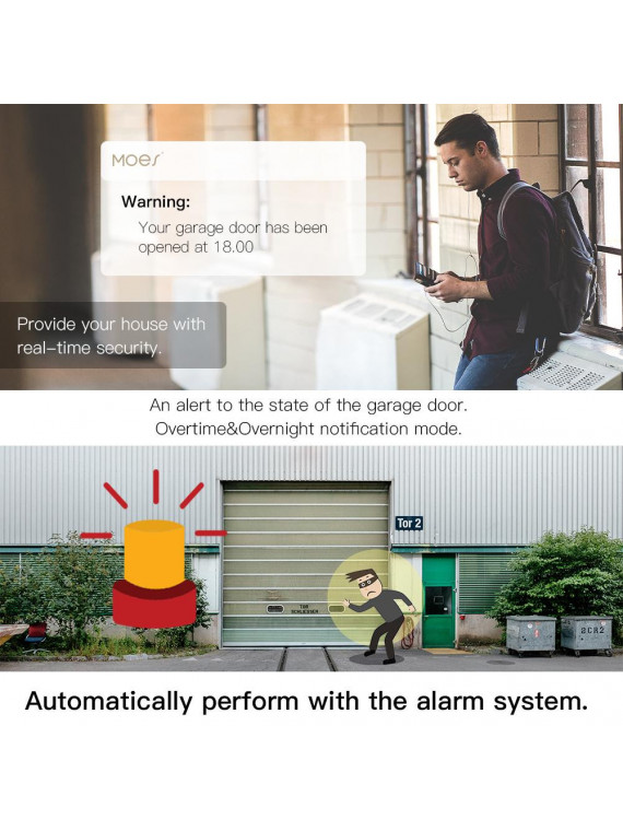 Moes "WM-102-EU-MS" - Kit de commande WiFi pour porte de garage avec capteur d'ouverture - Compatible Tuya, Alexa, Google