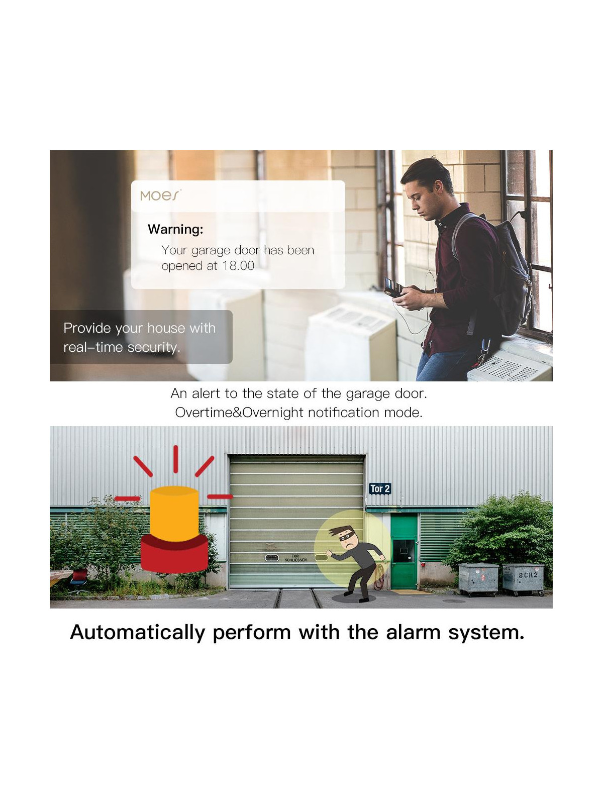 Moes "WM-102-EU-MS" - Kit de commande WiFi pour porte de garage avec capteur d'ouverture - Compatible Tuya, Alexa, Google