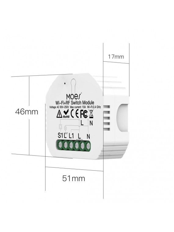Moes "WRM-104-MS" - Micromodule WiFi ON/OFF à contact sec 10A - Compatible Tuya Smart Life, Google Home et Amazon Alexa