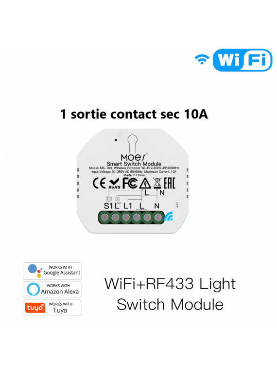Moes "WRM-104-MS" - Micromodule WiFi ON/OFF à contact sec 10A - Compatible Tuya Smart Life, Google Home et Amazon Alexa