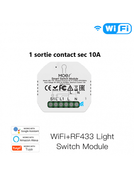 Moes "WRM-104-MS" - Micromodule WiFi ON/OFF à contact sec 10A - Compatible Tuya Smart Life, Google Home et Amazon Alexa