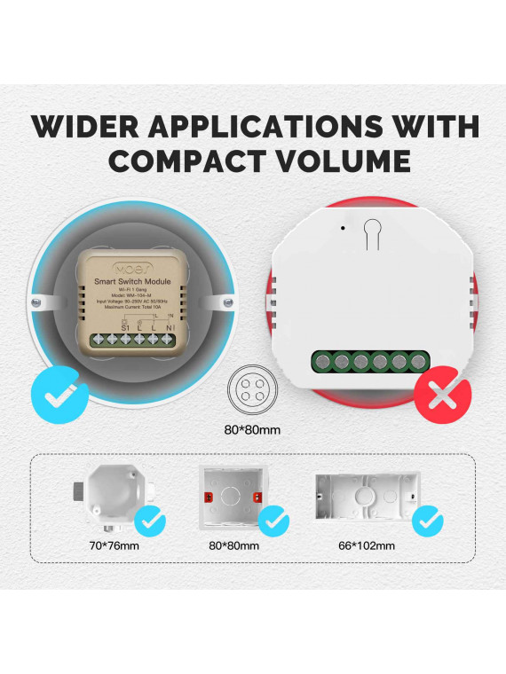 Moes "WM-104-M-MS" - Micromodule WiFi relai ON/OFF 10A - Compatible Tuya Smart Life, Google Home et Amazon Alexa