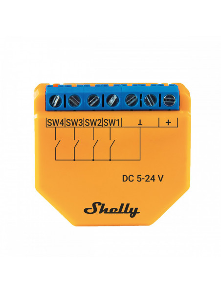 Shelly "Plus i4 DC" - Micromodule WiFi émetteur / contrôleur de scènes avec 4 entrées pour boutons et/ou interrupteurs
