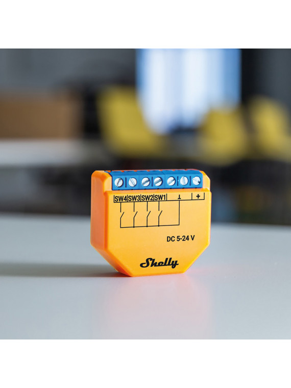 Shelly "Plus i4 DC" - Micromodule WiFi émetteur / contrôleur de scènes avec 4 entrées pour boutons et/ou interrupteurs