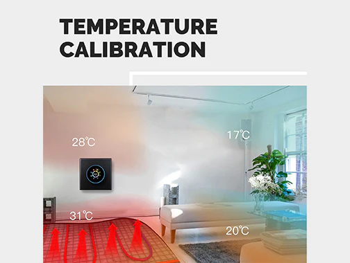 Étalonnage précis de la température avec le thermostat pour plancher chauffant hydraulique, électrique ou chaudière WiFi Moes WHT-7000-GA-BK-MS