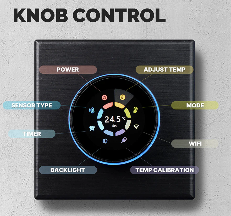 Commande par molette intelligente avec le thermostat pour plancher chauffant hydraulique, électrique ou chaudière WiFi Moes WHT-7000-GA-BK-MS