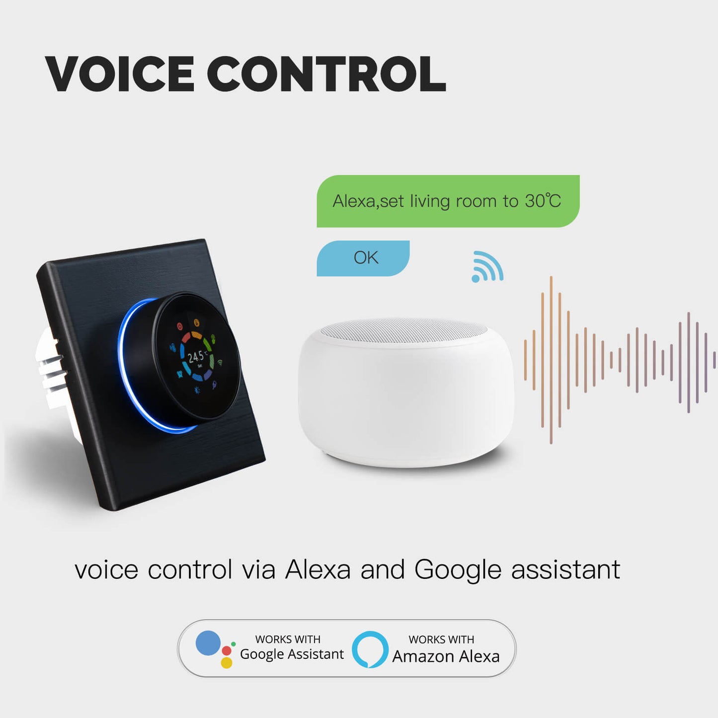 Commande vocale intelligente pour un confort sans effort avec le thermostat pour plancher chauffant hydraulique, électrique ou chaudière WiFi Moes WHT-7000-GA-BK-MS