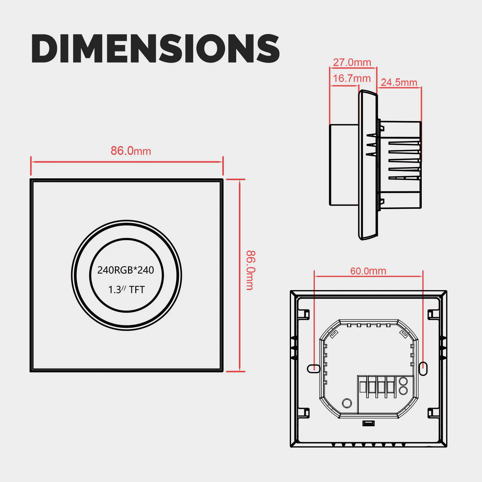 Dimensions du thermostat pour plancher chauffant hydraulique, électrique ou chaudière WiFi Moes WHT-7000-GA-BK-MS