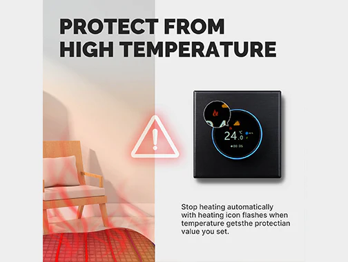 Prévention des températures élevées avec arrêt automatique avec le thermostat pour plancher chauffant hydraulique, électrique ou chaudière WiFi Moes WHT-7000-GA-BK-MS
