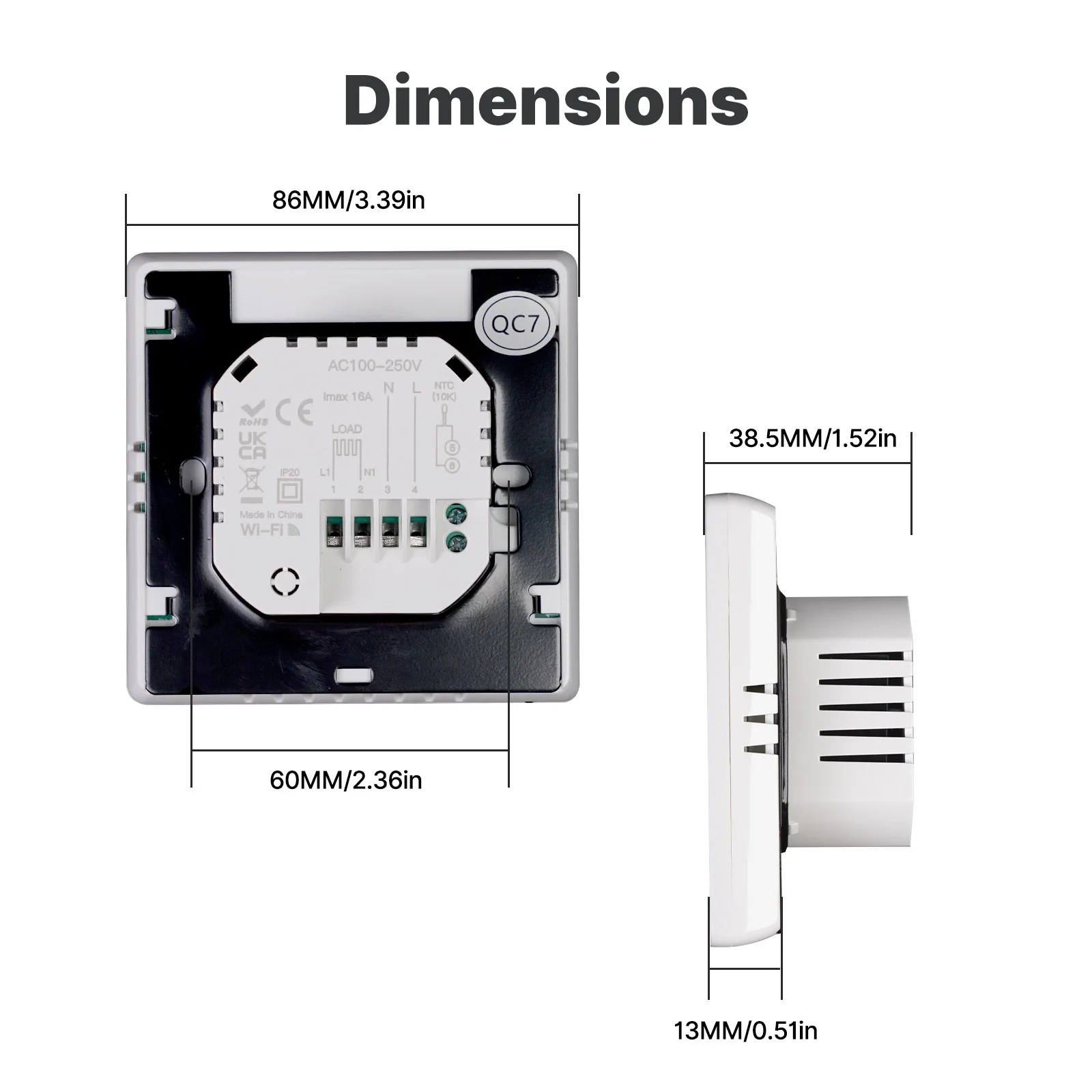 Dimensions du thermostat pour plancher chauffat électrique WiFi Moes WHT-S01-GB-XX-MS