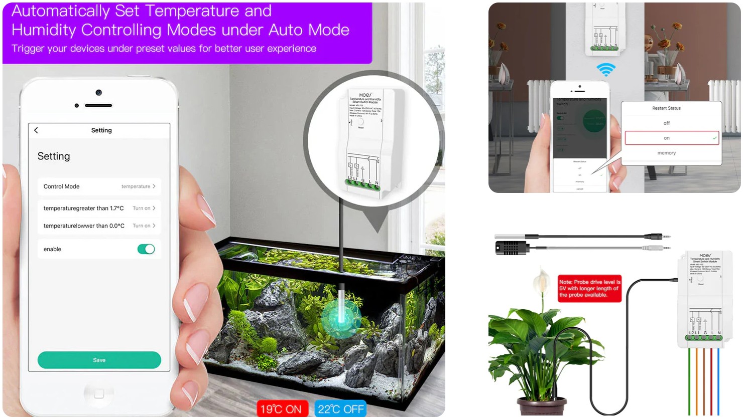 Contrôleur intelligent de température et d'humidité avec le module contacteur et sonde WiFi Moes WM-103-MS