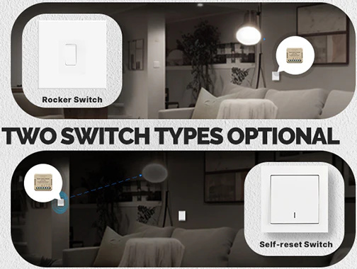 Deux types d'interrupteurs en option avec le micromodule WiFi relais Moes WM-104-M-MS