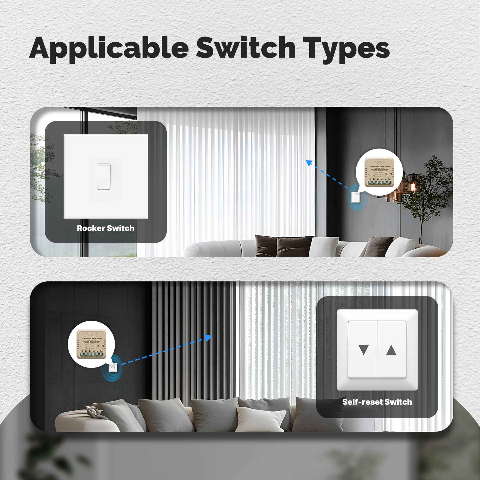 Compatibilité avec plusieurs types d'interrupteurs avec le micromodule WiFi pour volet roulant WM-108-M-MS