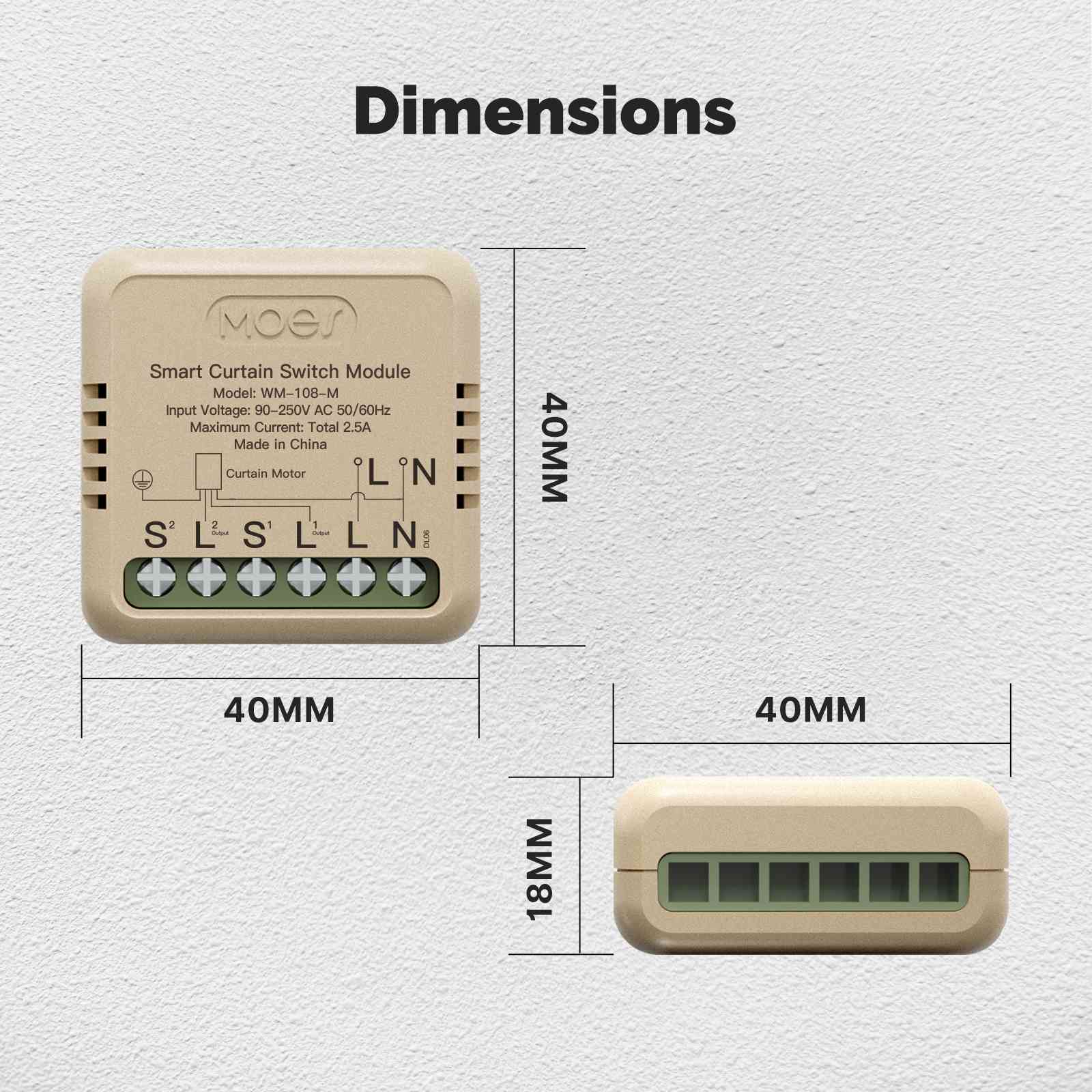 Dimensions micromodule WiFi pour volet roulant WM-108-M-MS