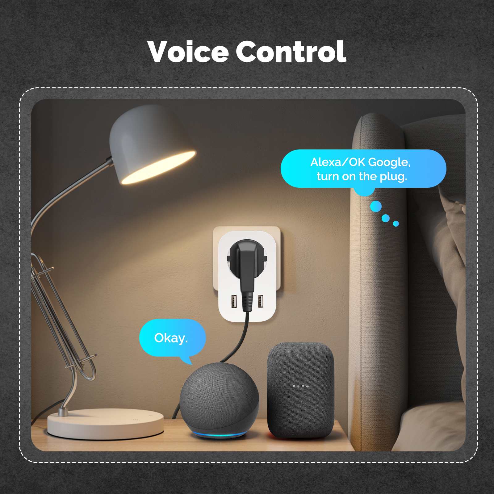 Contrôle vocal avec la prise 16A, ports USB et Type-C WiFi Moes WP-EU16M-2U1C-WH-MS