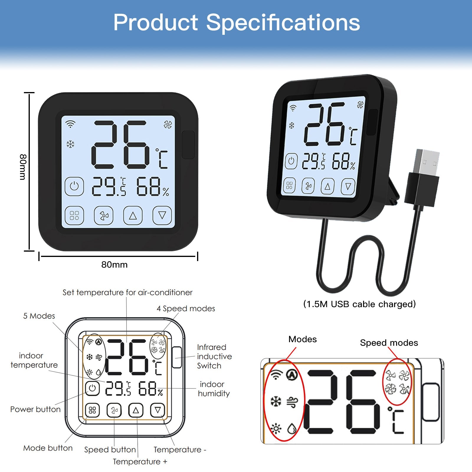 Dimensions du Thermostat infrarouge pour climatiseur WiFi Moes WR-FL-S16-BK-MS