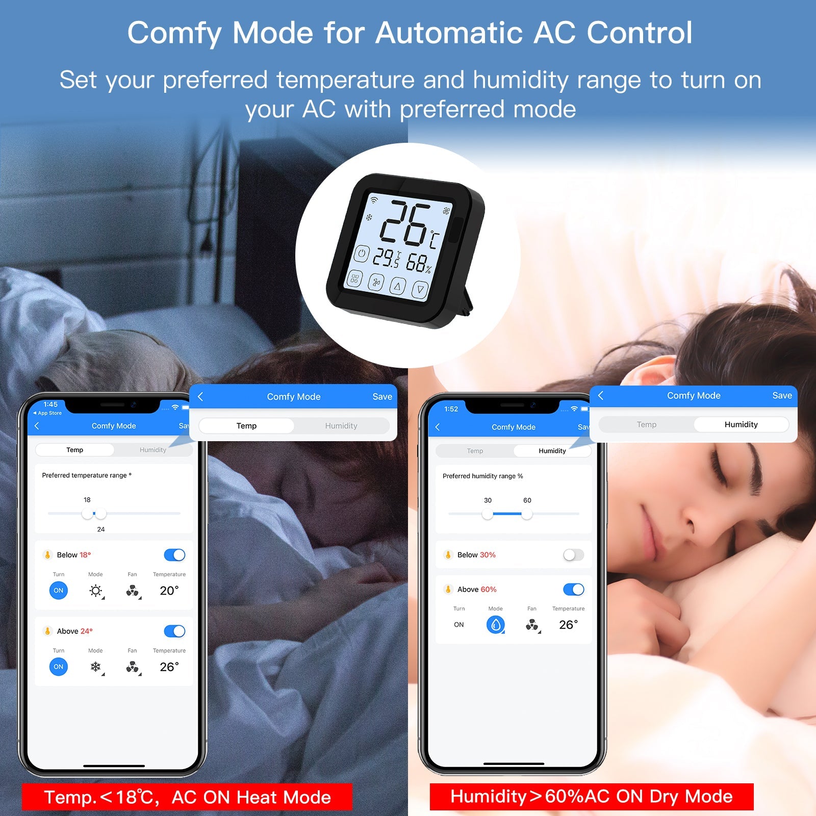 Mode confort avec surveillance précise de la température et de l'humidité avec le Thermostat infrarouge pour climatiseur WiFi Moes WR-FL-S16-BK-MS