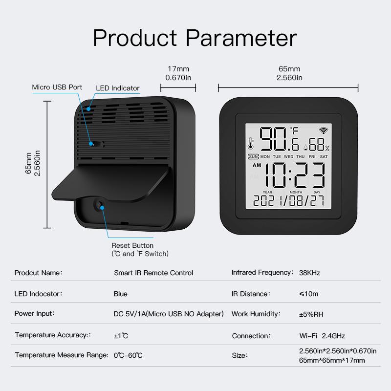 Dimensions du capteur de température et d'humidité WiFi Moes WR-TY-THR-BK-MS