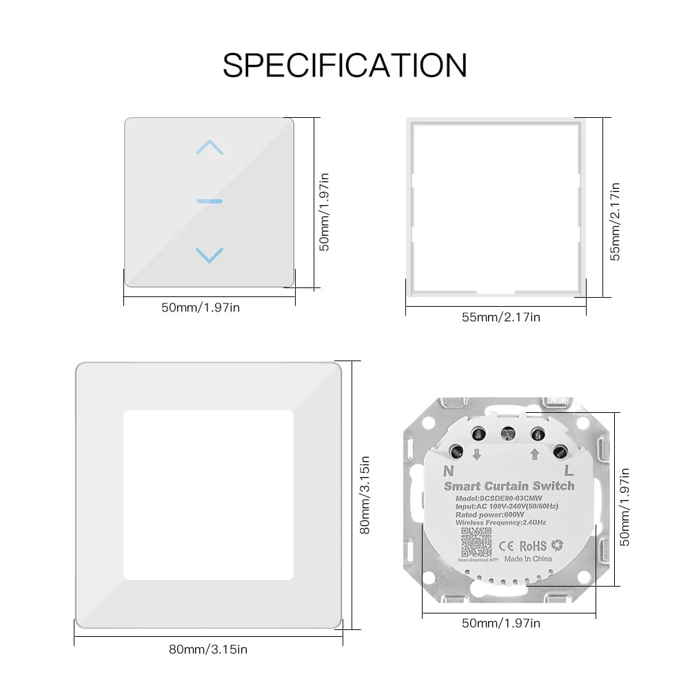 Dimensions de l'interrupteur tactile pour volets roulants WiFi Moes WS-Y-EUTC-N-XX-MS