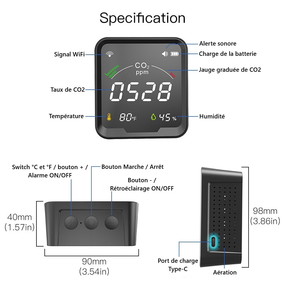 Dimensions du capteur 3 en 1 avec écran WiFi Moes WSS-FB-CO2-U-MS