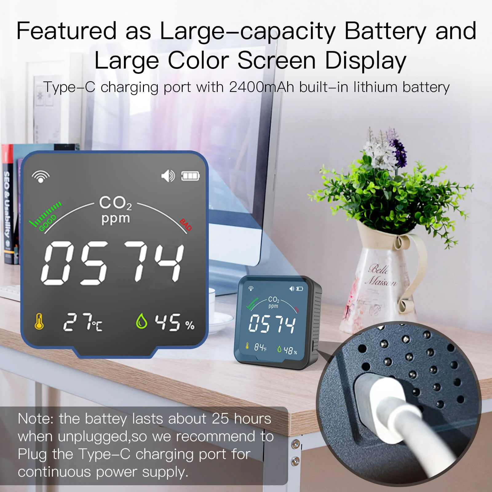 Grand écran couleur et autonomie prolongée avec le capteur 3 en 1 avec écran WiFi Moes WSS-FB-CO2-U-MS